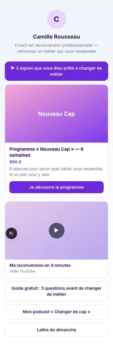 La page de liens d'Atelier Clarté, ouverte sur téléphone