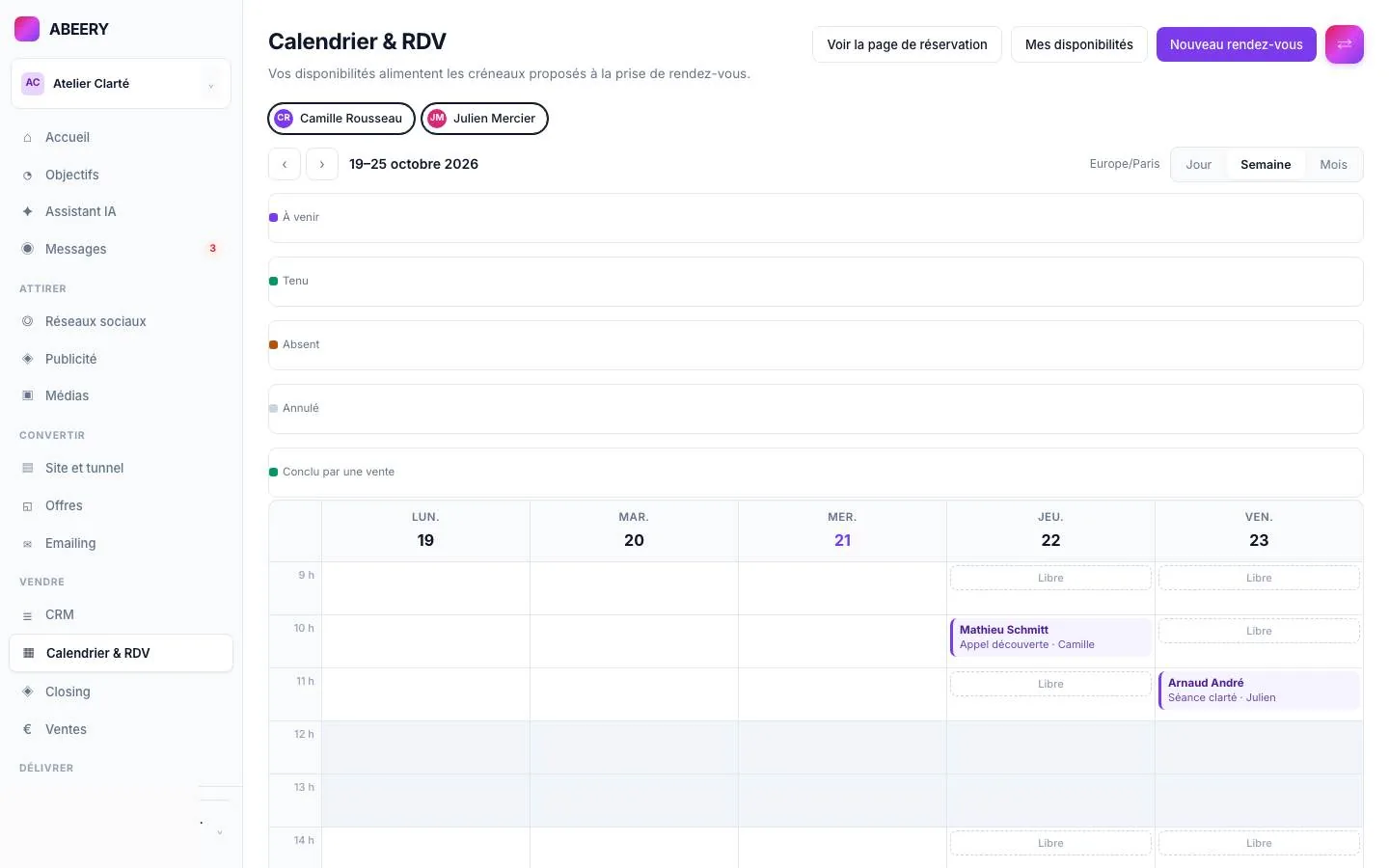 Le calendrier et les rendez-vous dans ABEERY