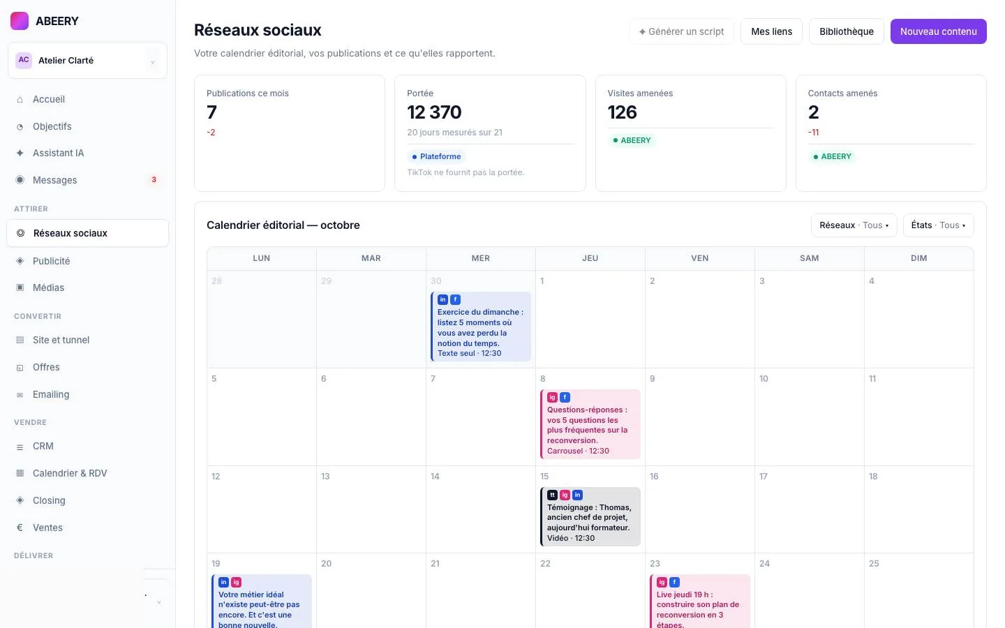 Réseaux sociaux dans ABEERY : le calendrier éditorial
